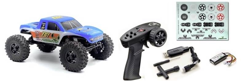 Spielzeug-RC-Truck-Set mit blauem Truck, Fernbedienung, Ladegerät, Werkzeugen und Aufklebern. Ideal für Offroad-Rennen.