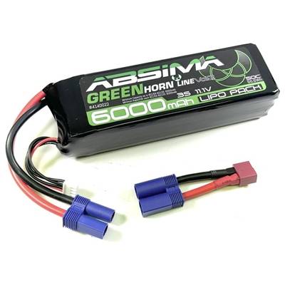 LiPo-Akku-Pack mit 6000mAh Kapazität, 11,1V Spannung. Schwarzes Gehäuse mit farbigen Anschlusskabeln und Aufschrift 'GREENhorn'.