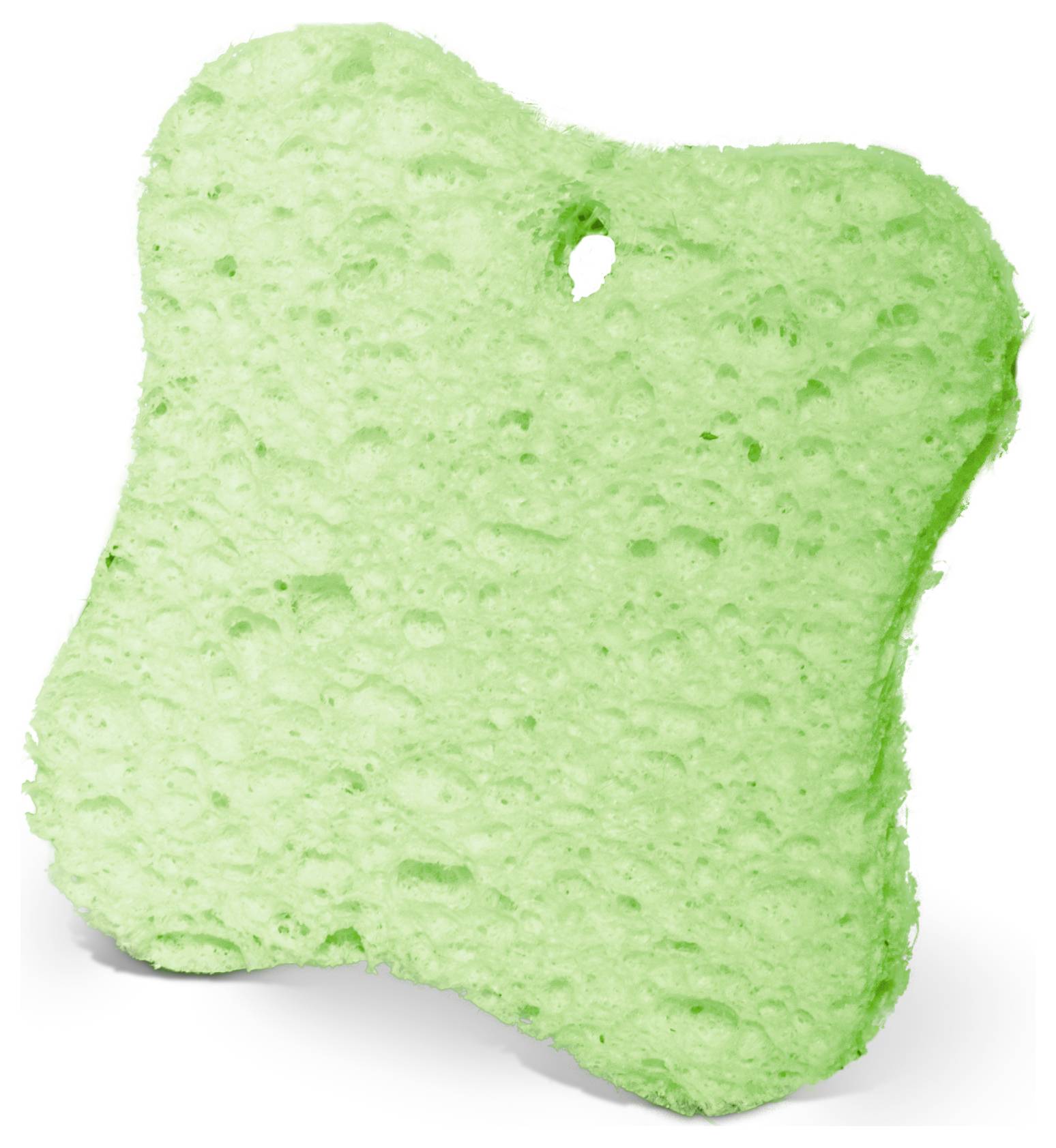 Grüner Küchenschwamm in Schmetterlingsform auf weißem Hintergrund.