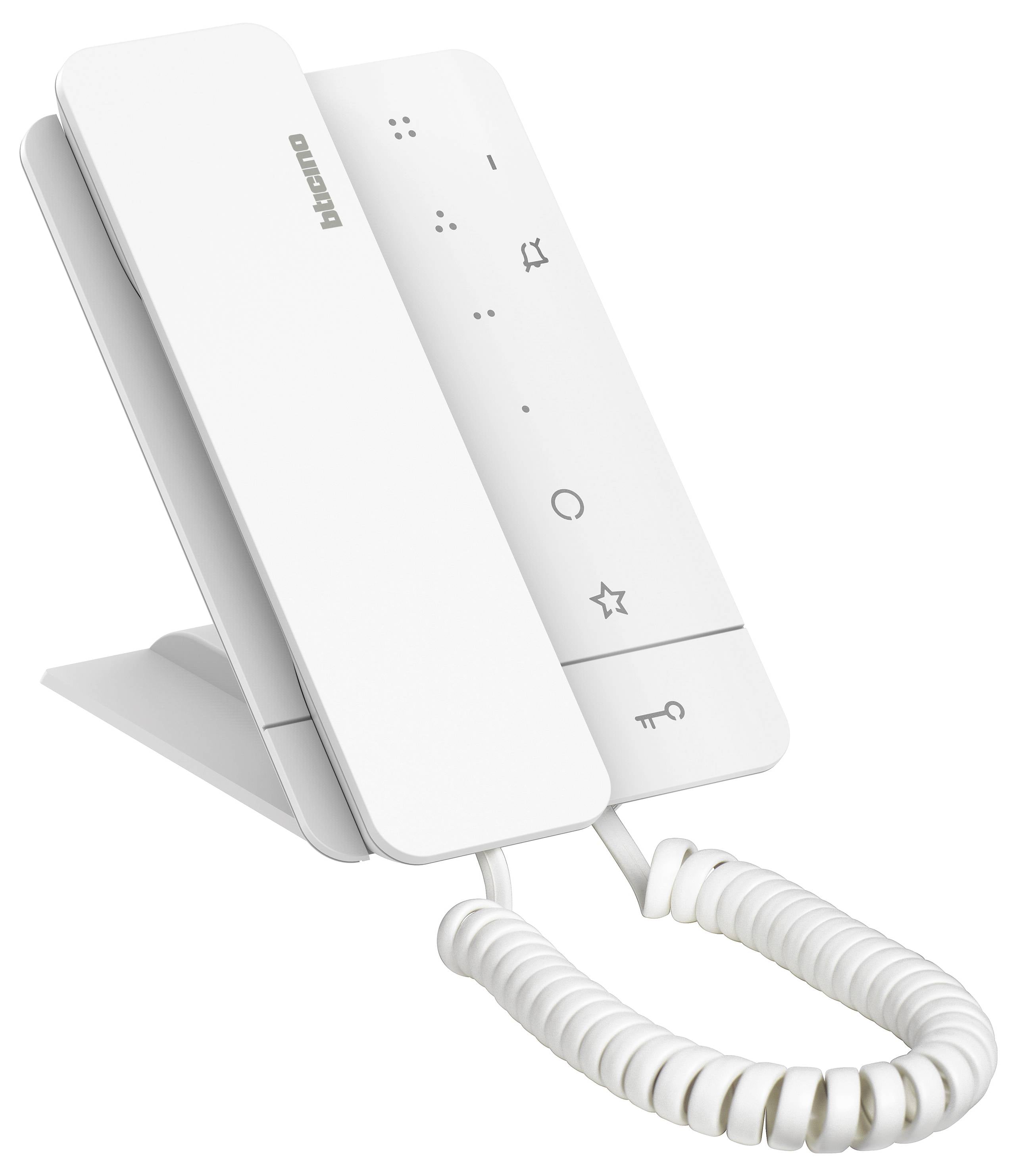 Ein weißes, modernes Festnetztelefon mit Hörer, Tasten und aufgerolltem Kabel.