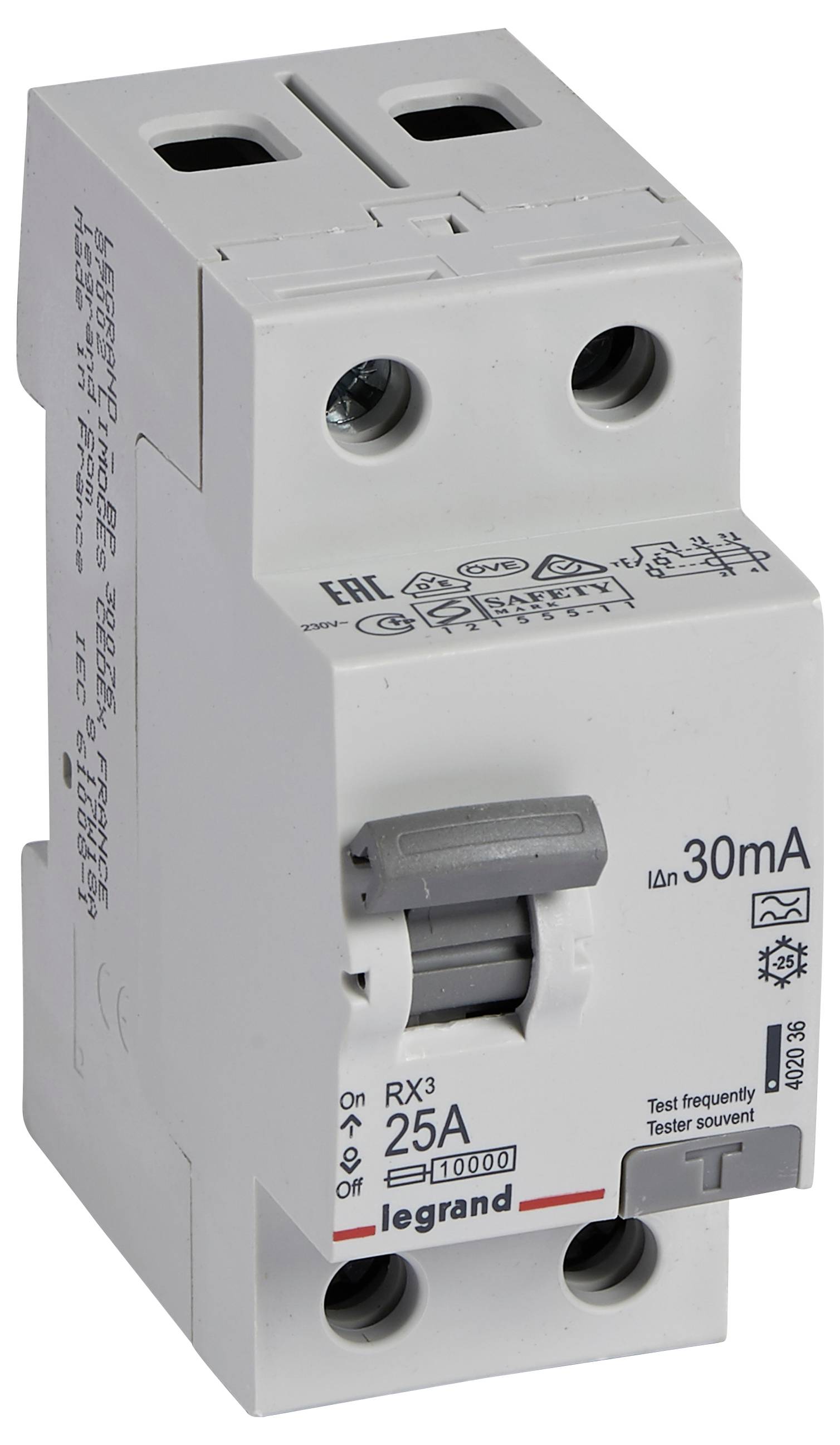 Ein zweipoliger Schutzschalter (25A, 30mA) von Legrand, Modell RX3. Er dient zum Schutz von elektrischen Stromkreisen vor Überlastung und Fehlerströmen.