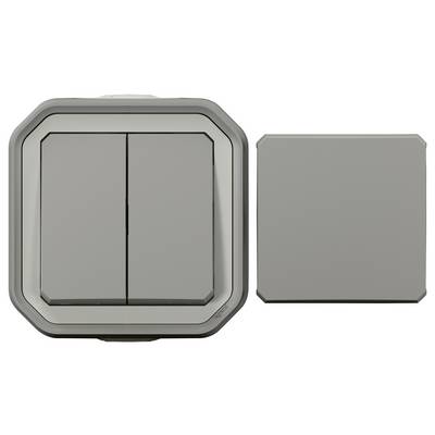 Zwei graue Lichtschalter, einer mit doppelten Kippschaltern, der andere quadratisch ohne Schalter. Sie sind nebeneinander angeordnet.