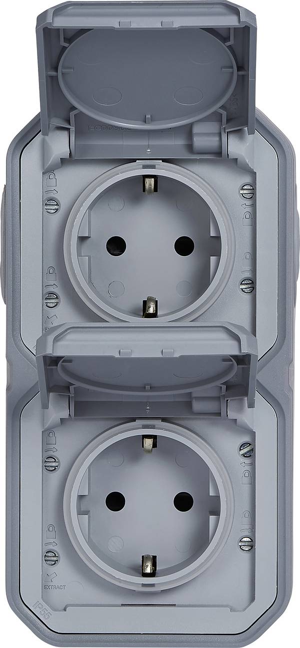 Legrand  Komplett Aufputz, Doppelsteckdose, Schutzkontakt-Steckdose mit Klappdeckel Plexo Grau 069744L 1 St.