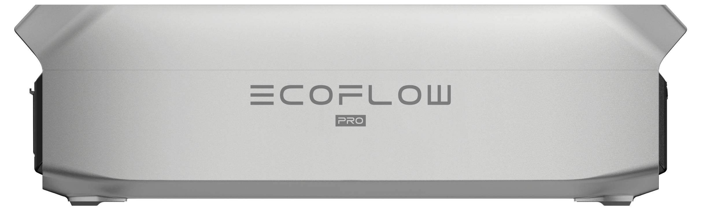 Graues EcoFlow-Gerät mit dem Schriftzug 'ECOFLOW PRO' auf der Vorderseite, Darstellung von Energiespeichertechnologie.