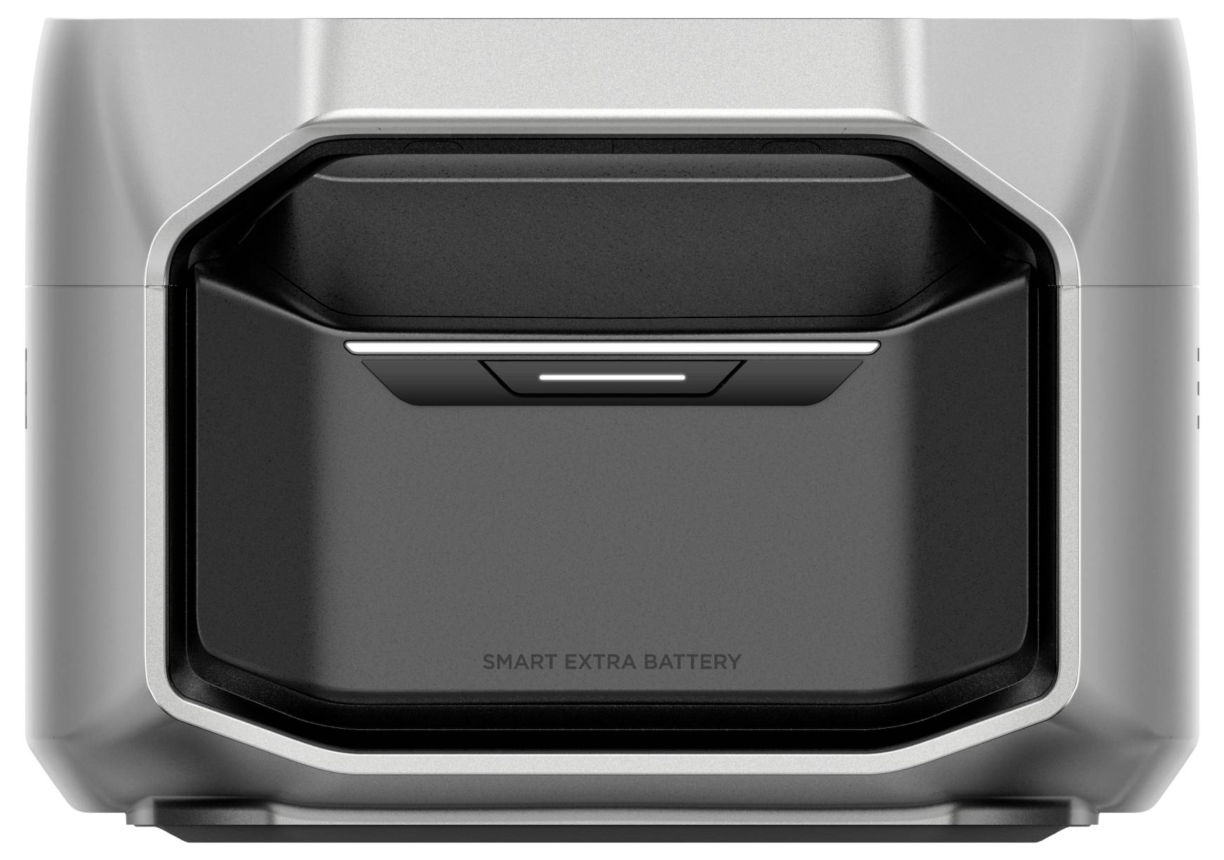 Eine silberne Ladeeinheit mit einem schwarzen Einsatz in der Mitte. Aufschrift 'SMART EXTRA BATTERY'. Nutzen für Batteriewechsel.