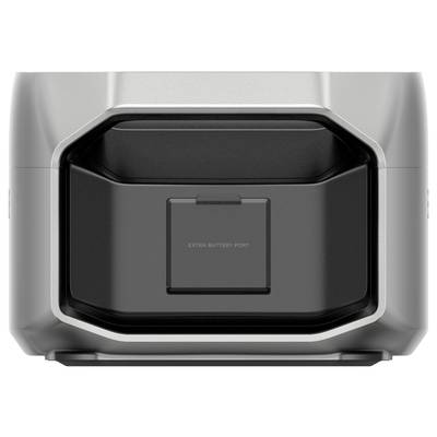 Silbernes elektronisches Gerät mit einer quadratischen Öffnung vorne. In der Öffnung befindet sich ein Fach mit der Aufschrift 'Extra Battery Port'.