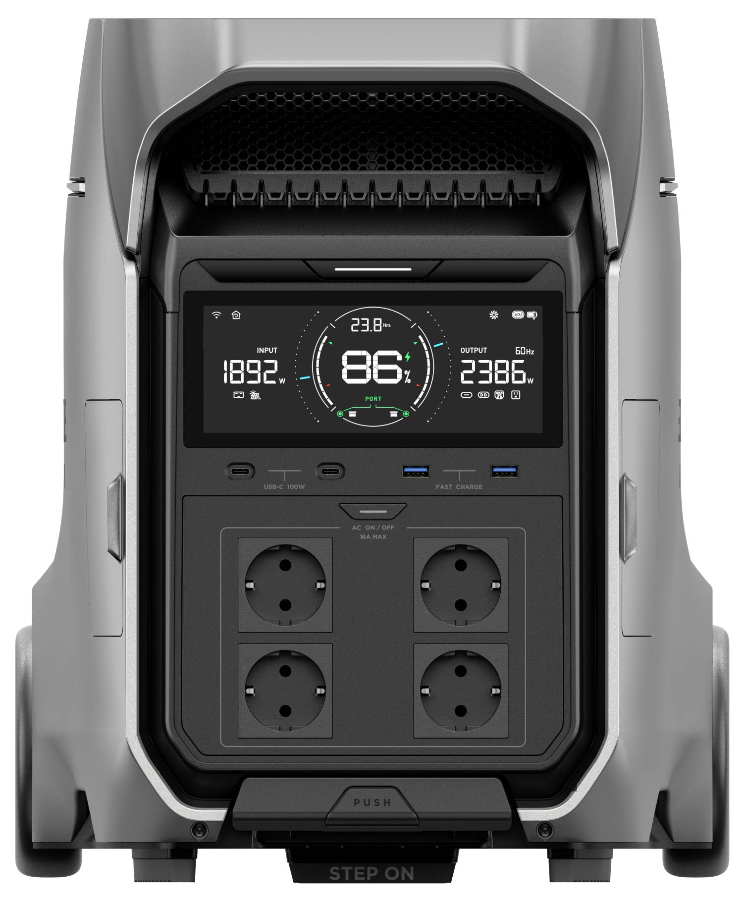 Ein tragbares Kraftwerk mit digitalem Display zeigt Ladezustand 86%, Eingangsleistung 1892W und Ausgangsleistung 2386W an. Vier Steckdosen vorne sichtbar.