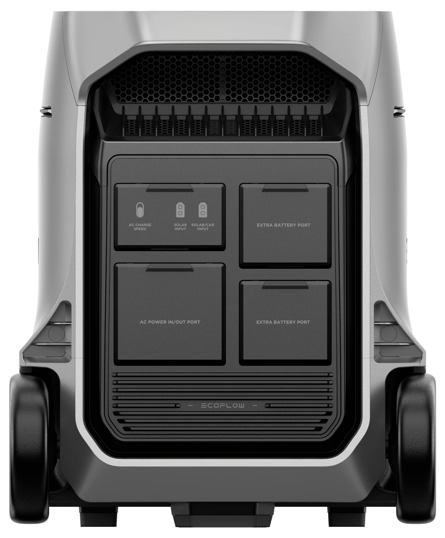 Graues, tragbares Gerät mit zwei großen Rädern. Vier rechteckige Ports vorne: USB, AC und zwei für Zusatzbatterien; geeignet für mobile Energieversorgung.