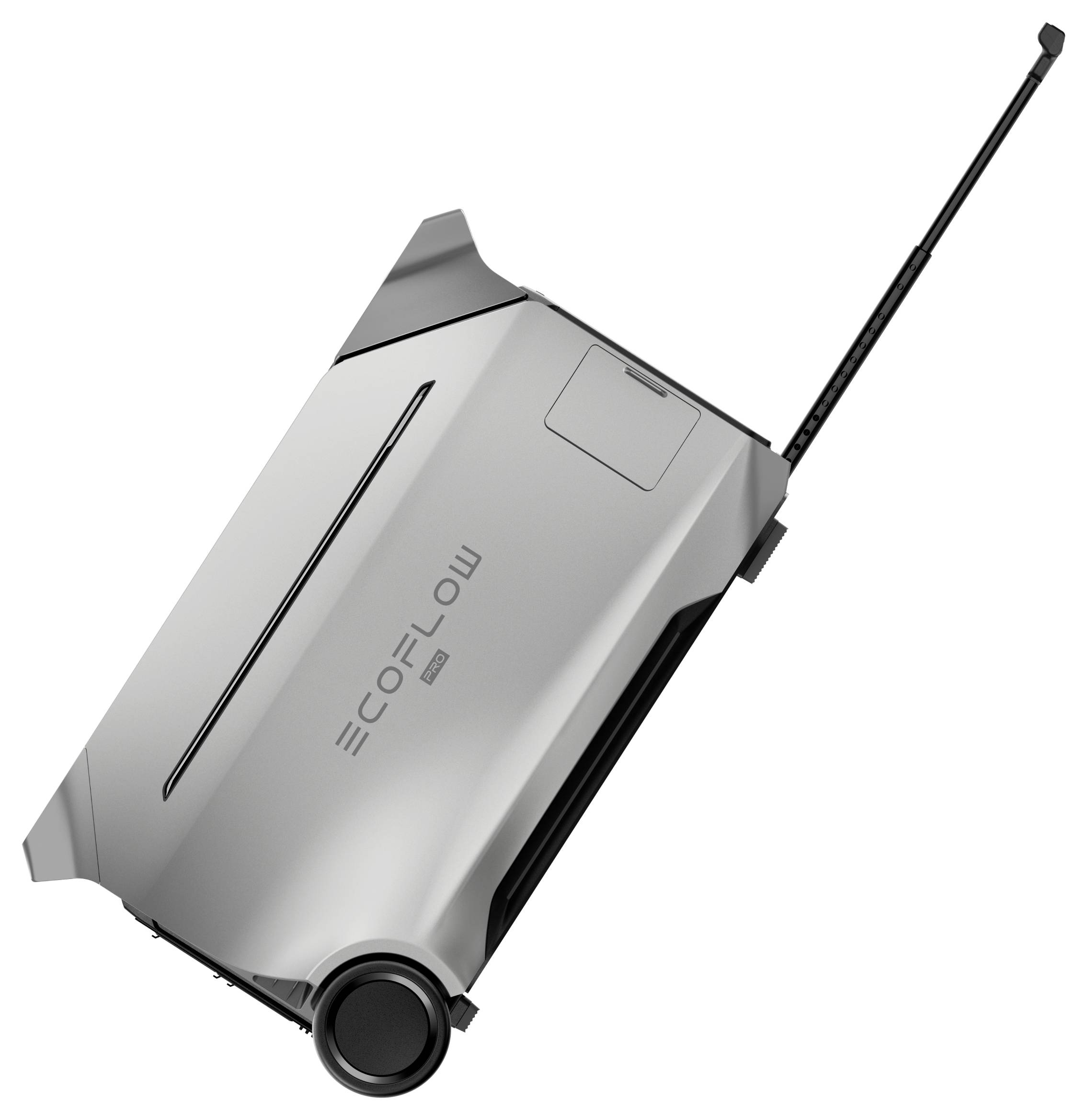 Ein tragbarer Energiespeicher mit Rädern und einem ausziehbaren Griff, beschriftet mit 'EcoFlow'.