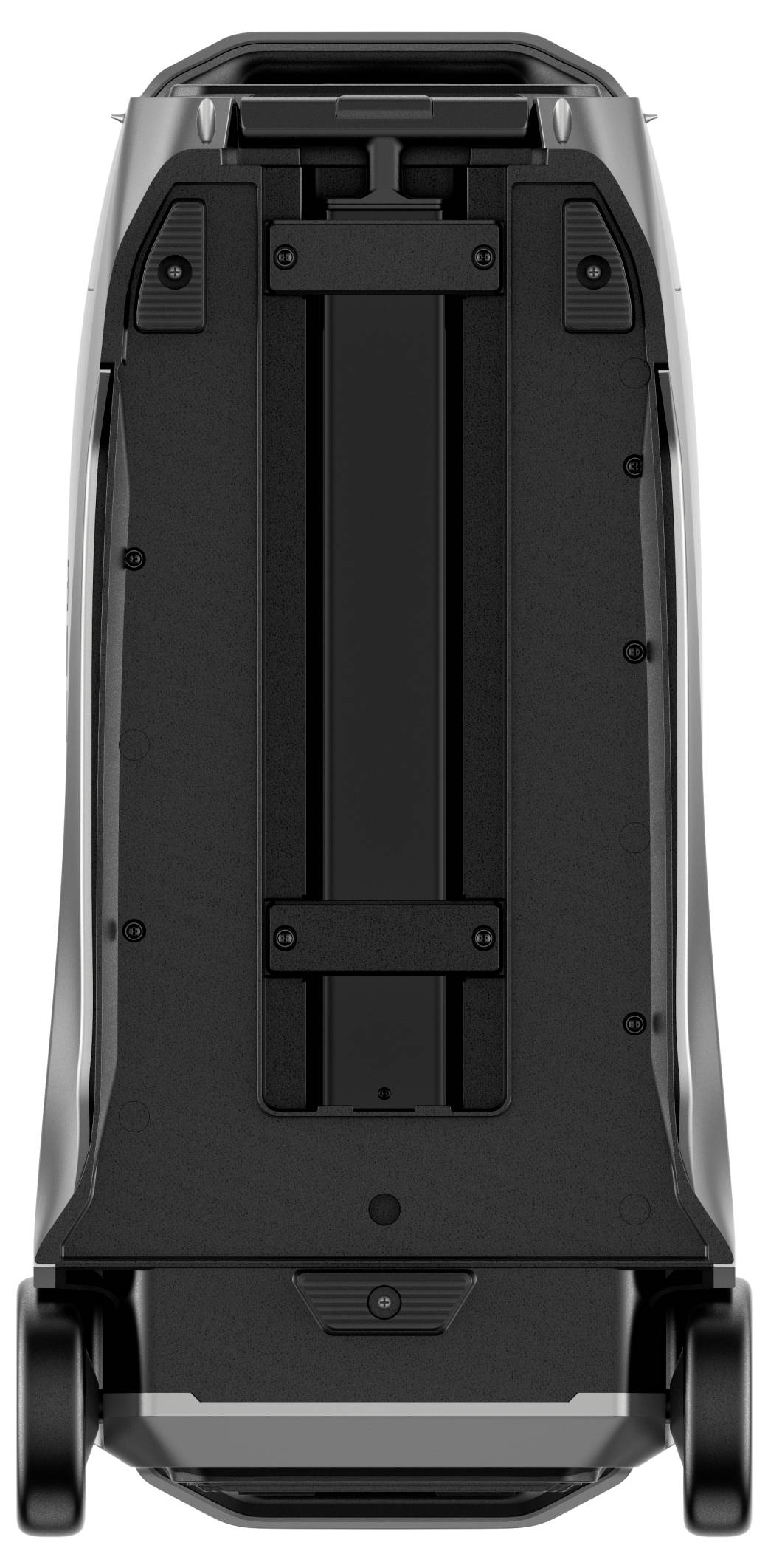 Reisetasche in Schwarz, mit verstärktem Unterboden und Rollen, senkrecht angeordnet; geeignet für Reisen und Transport.