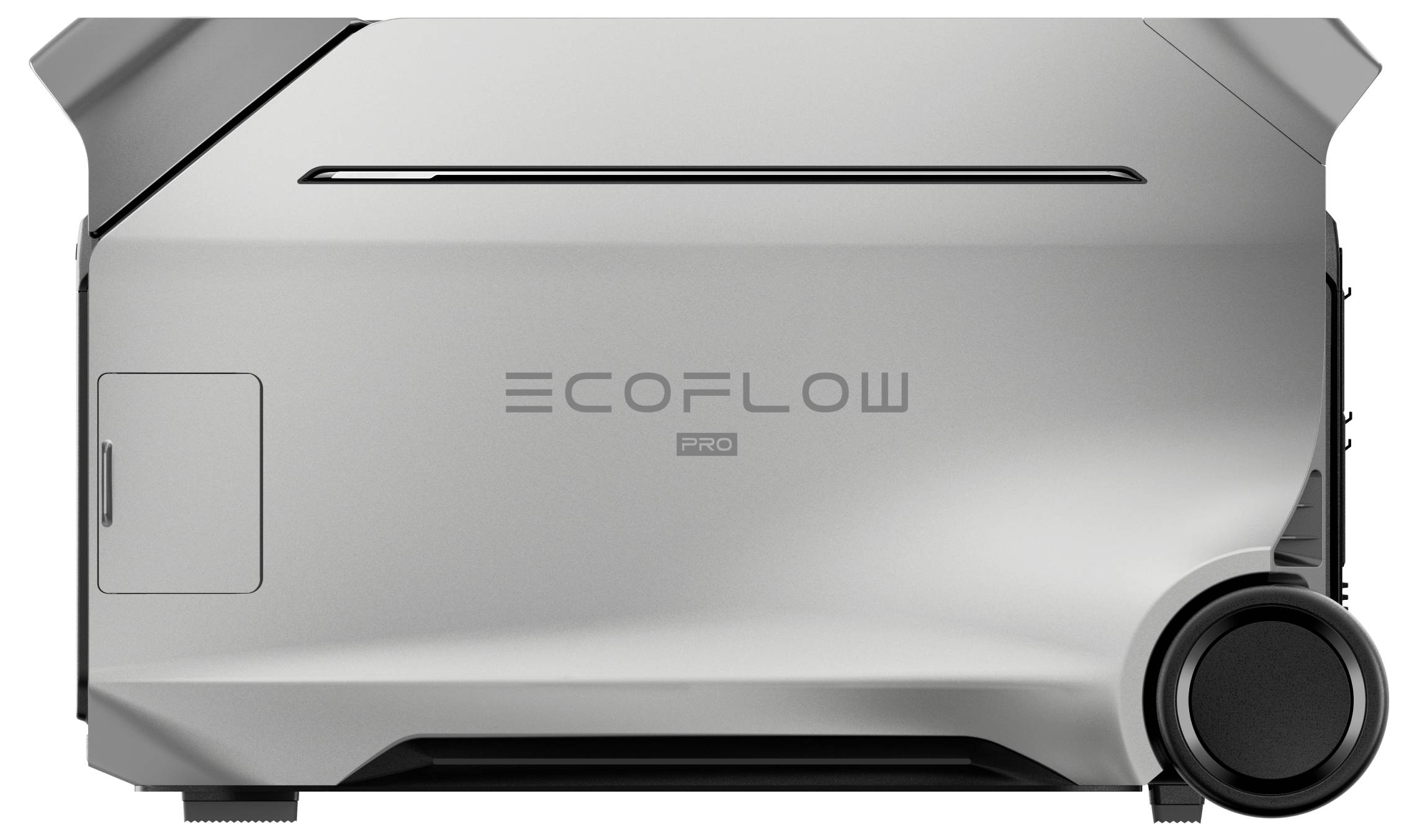 Ein silbernes Gerät mit der Aufschrift 'Ecoflow' an der Seite. Es hat ein modernes, kompaktes Design und einen Rad unten rechts.