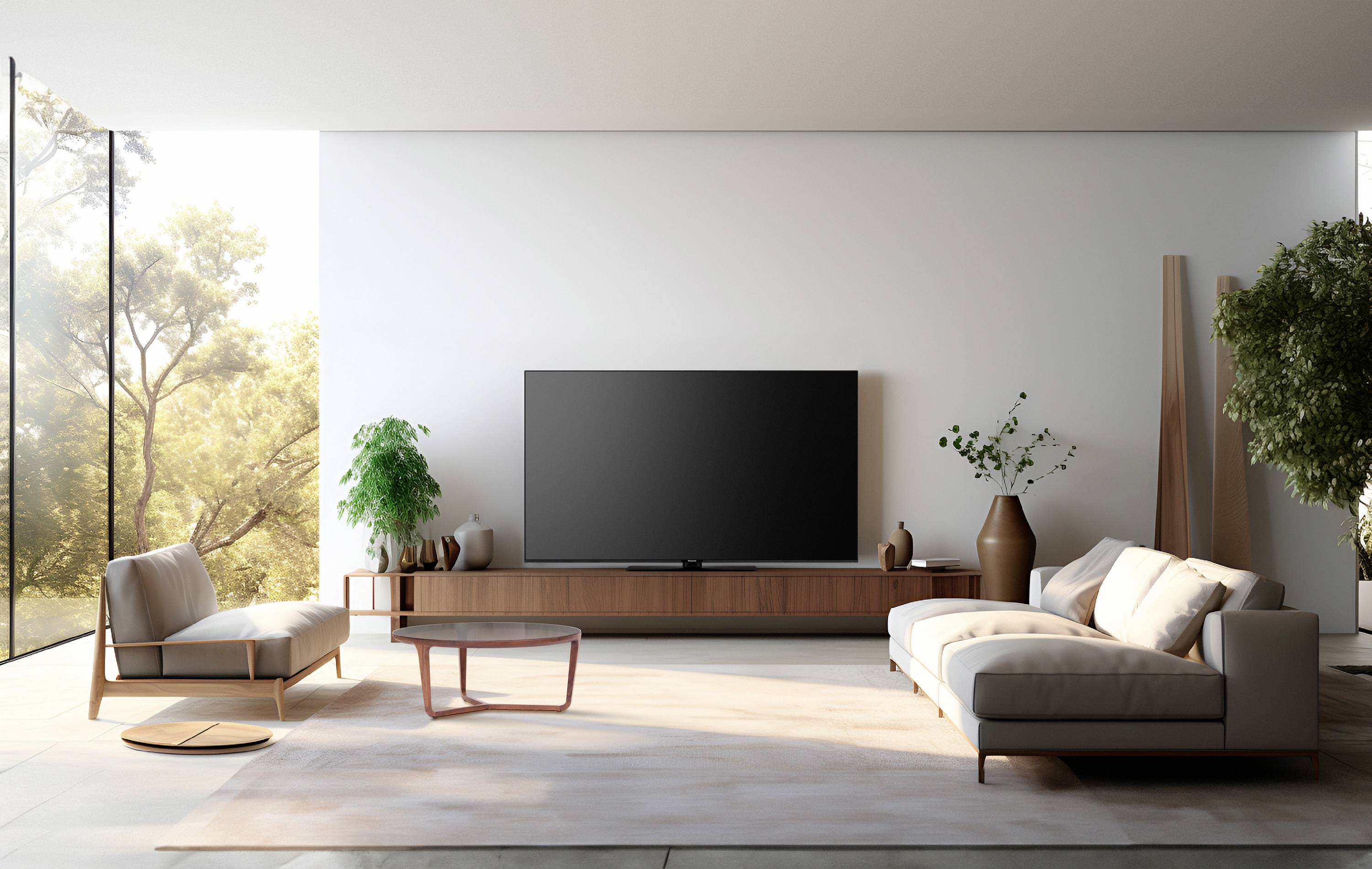 Modernes Wohnzimmer mit großen Sofas, Flachbildfernseher und Pflanzen, sonnendurchflutet durch großes Fenster. Schlichte Eleganz.