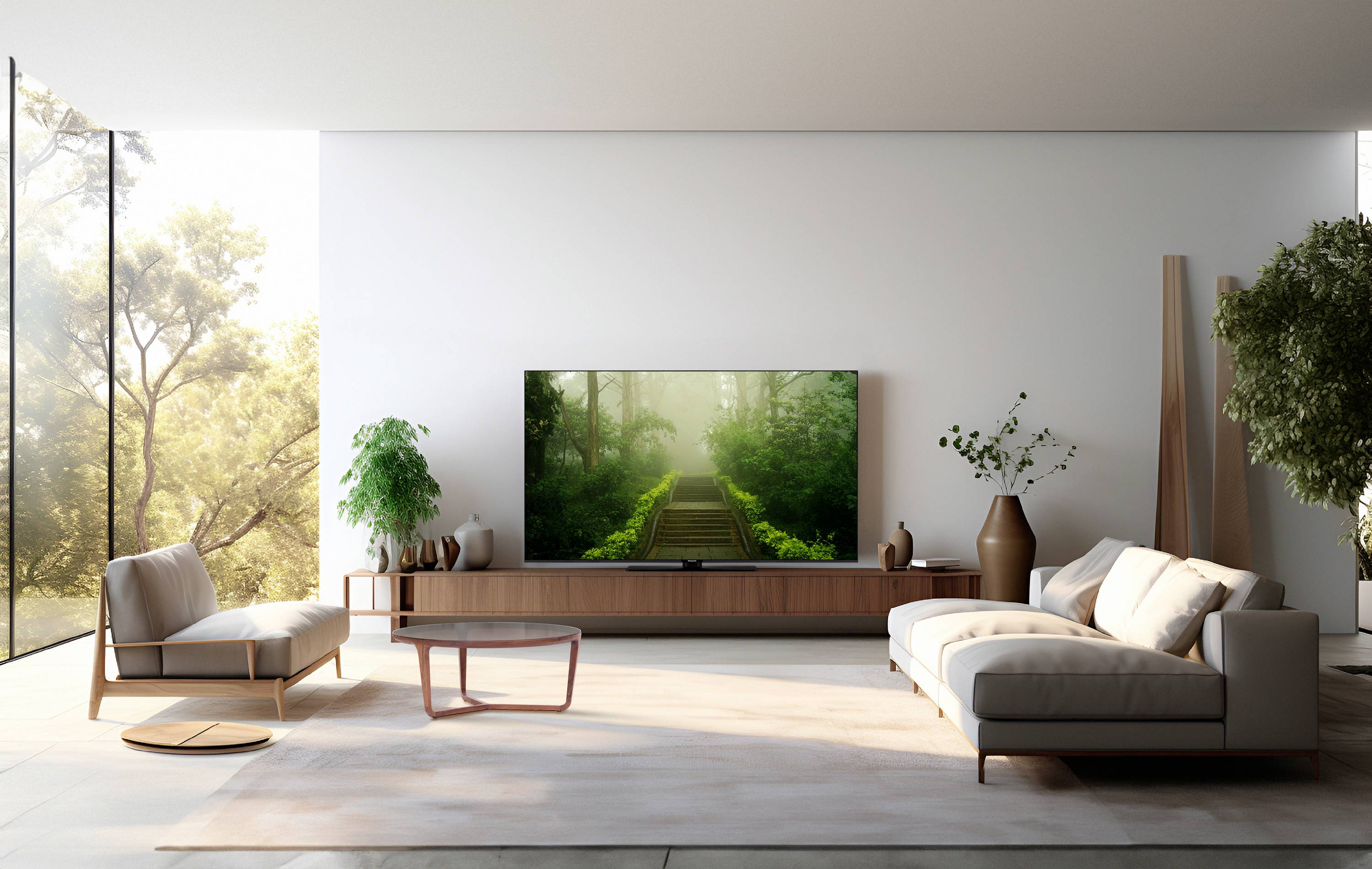 Helles Wohnzimmer mit modernen Möbeln, großen Fenstern und einem Flachbildfernseher, der einen Waldweg anzeigt. Pflanzen ergänzen die Einrichtung.