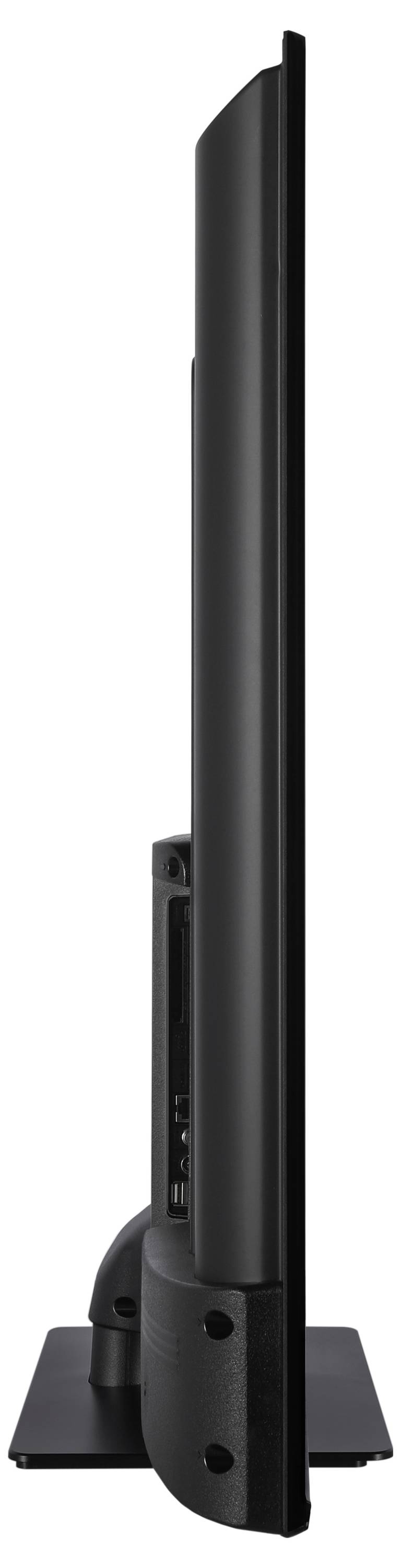 Ein Flachbildschirm-TV von der Seite fotografiert, zeigt seine schlanke Bauweise und den stabilen Standfuß.