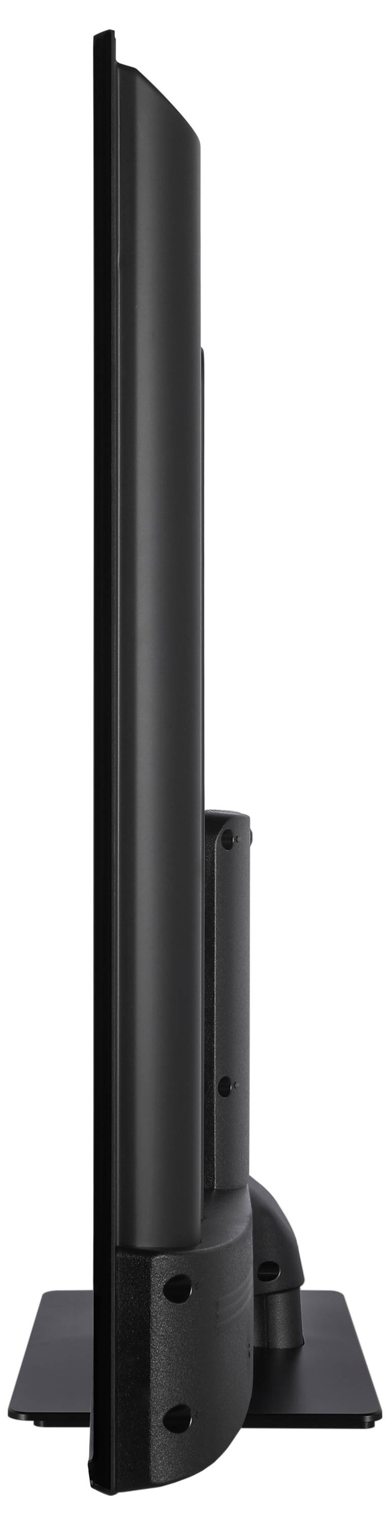 Flacher schwarzer Monitor von der Seite, zeigt das schlanke Design und den stabilen Standfuß.