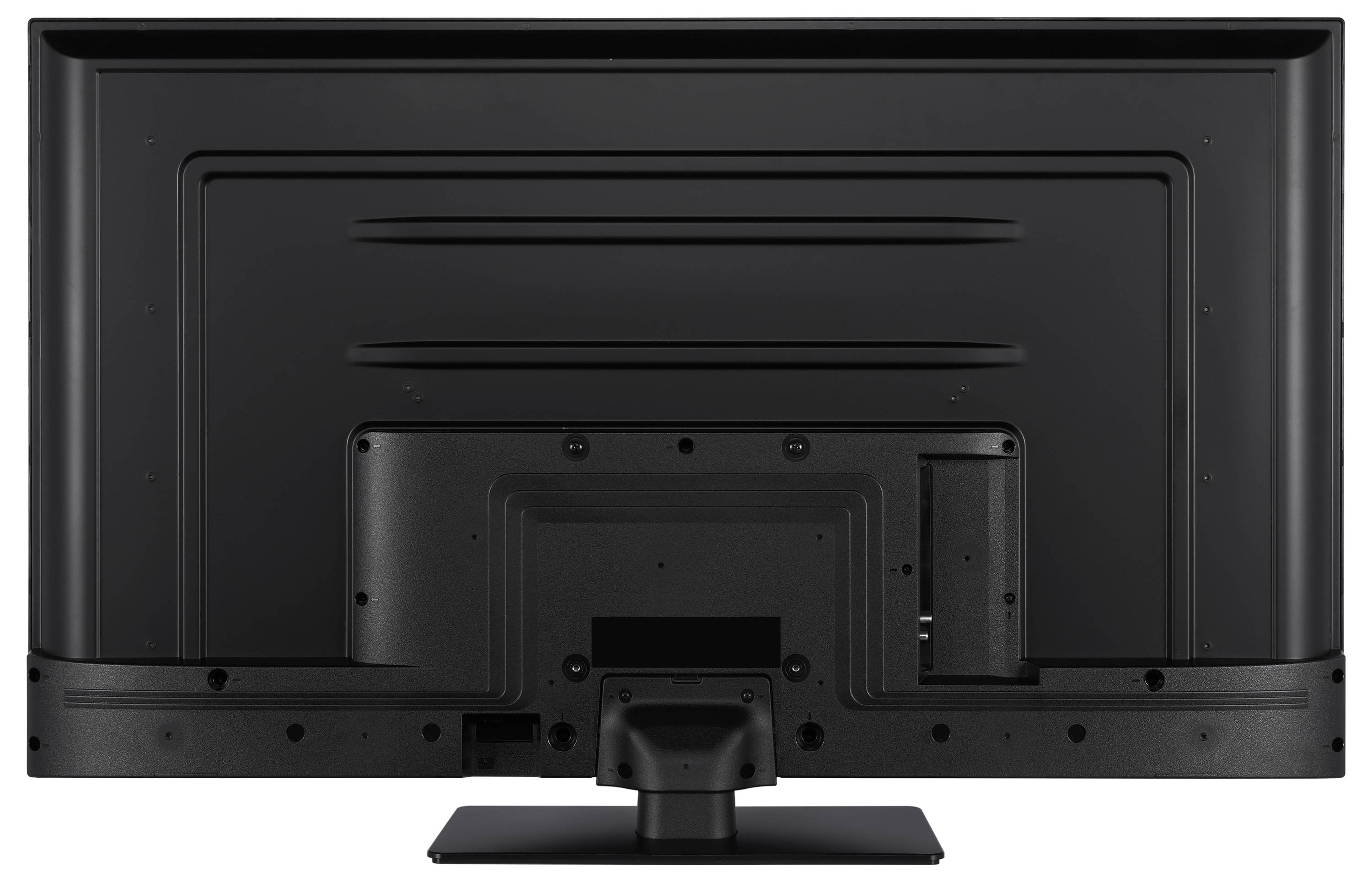 Die Rückseite eines schwarzen Flachbildfernsehers auf einem Standfuß.