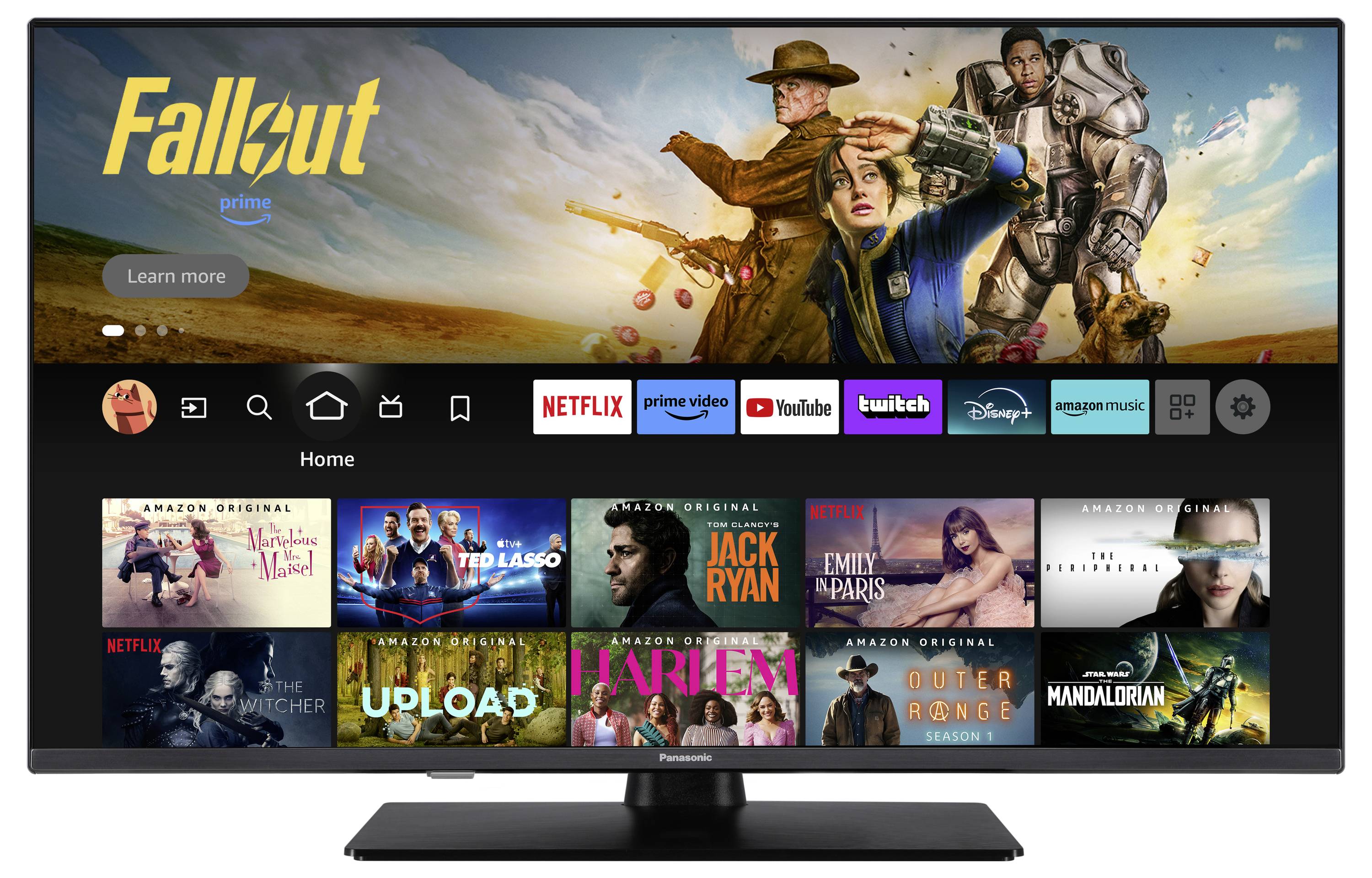 Ein Fernseherbildschirm zeigt das Amazon Prime-Startmenü mit verschiedenen Serien und Filmen, darunter 'Fallout', 'Ted Lasso' und 'The Marvelous Mrs. Maisel'.