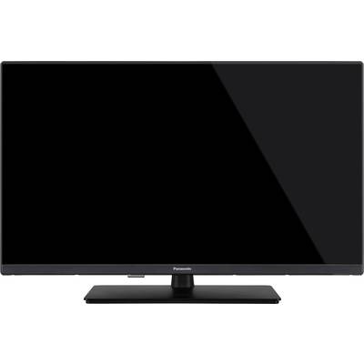 Ein moderner Flachbildfernseher mit schwarzem Rahmen und rechteckigem Standfuß vor weißem Hintergrund.