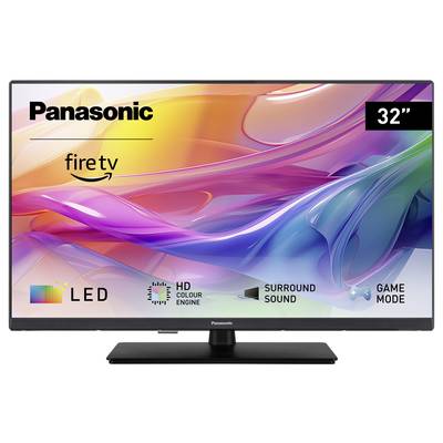 Ein Panasonic 32-Zoll-Fernseher mit Fire TV, LED-Bildschirm, HD-Farbengine, Surround-Sound und Spielmodus. Display zeigt bunte Formen.