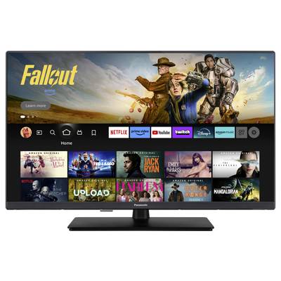 Ein Fernseher zeigt das Menü einer Streaming-Plattform. Oben ist ein 'Fallout'-Banner, darunter verschiedene Streaming-Dienste und Serienauswahl.