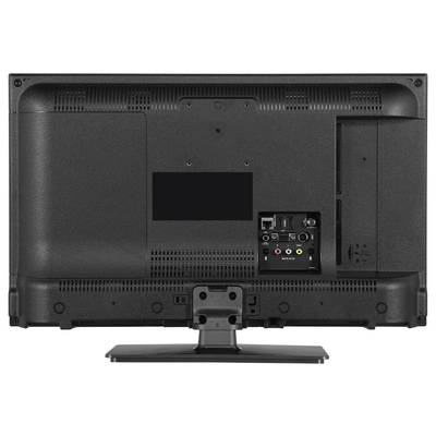 Rückansicht eines Fernsehers mit sichtbaren Anschlüssen, einschließlich HDMI, USB und Audiobuchsen, auf einem Sockel stehend.