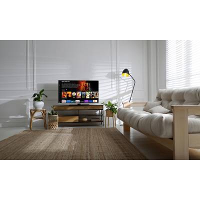 Ein Wohnzimmer mit einem Sofa, einem Teppich und einem Fernseher auf einem Tisch. Der Fernseher zeigt eine Streaming-App-Benutzeroberfläche.