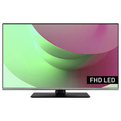 Flachbildfernseher mit silbernem Rahmen, schwarzem Standfuß und einem leuchtend grün-pinken Bildschirm. Text 'FHD LED' sichtbar.