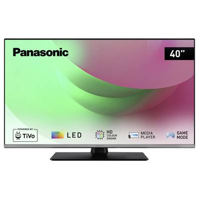 Ein Fernseher der Marke Panasonic mit der Aufschrift '40"', LED, HD Colour Engine, Media Player und Game Mode auf dem Bildschirm.