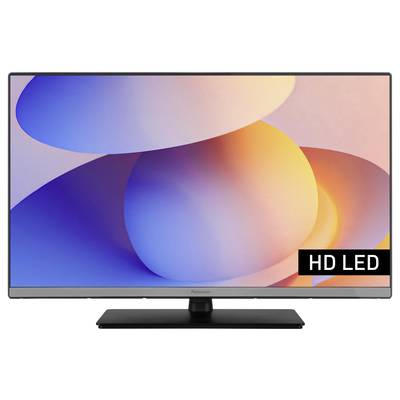 Ein Fernseher mit einem HD LED-Display zeigt ein farbenfrohes abstraktes Muster aus überlappenden Formen in Blau- und Orangetönen.