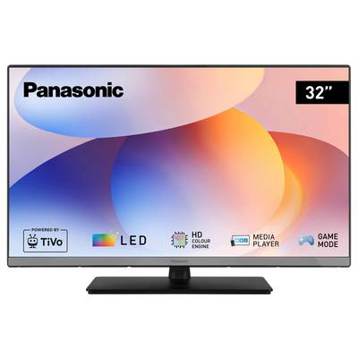 Ein 32-Zoll-LED-Fernseher von Panasonic mit Logos, die Funktionen anzeigen: mit TiVo-Technologie, HD-Farb-Engine, Mediaplayer-Funktion und Spielmodus.