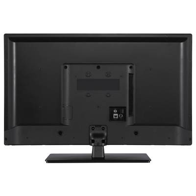 Rückansicht eines schwarzen Fernsehers mit Standfuß, sichtbare Anschlüsse für Kabelverbindungen auf der Rückseite.