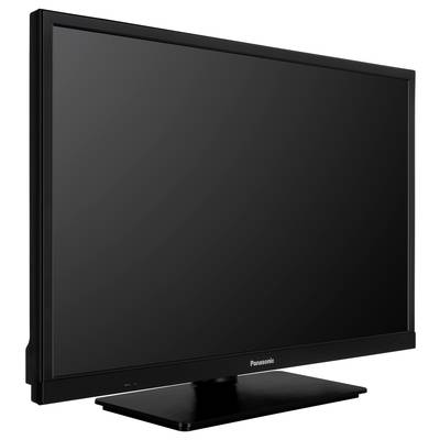 Ein schwarzer Flachbildfernseher auf einem Standfuß, abgeschaltet, ohne sichtbare Inhalte auf dem Bildschirm.