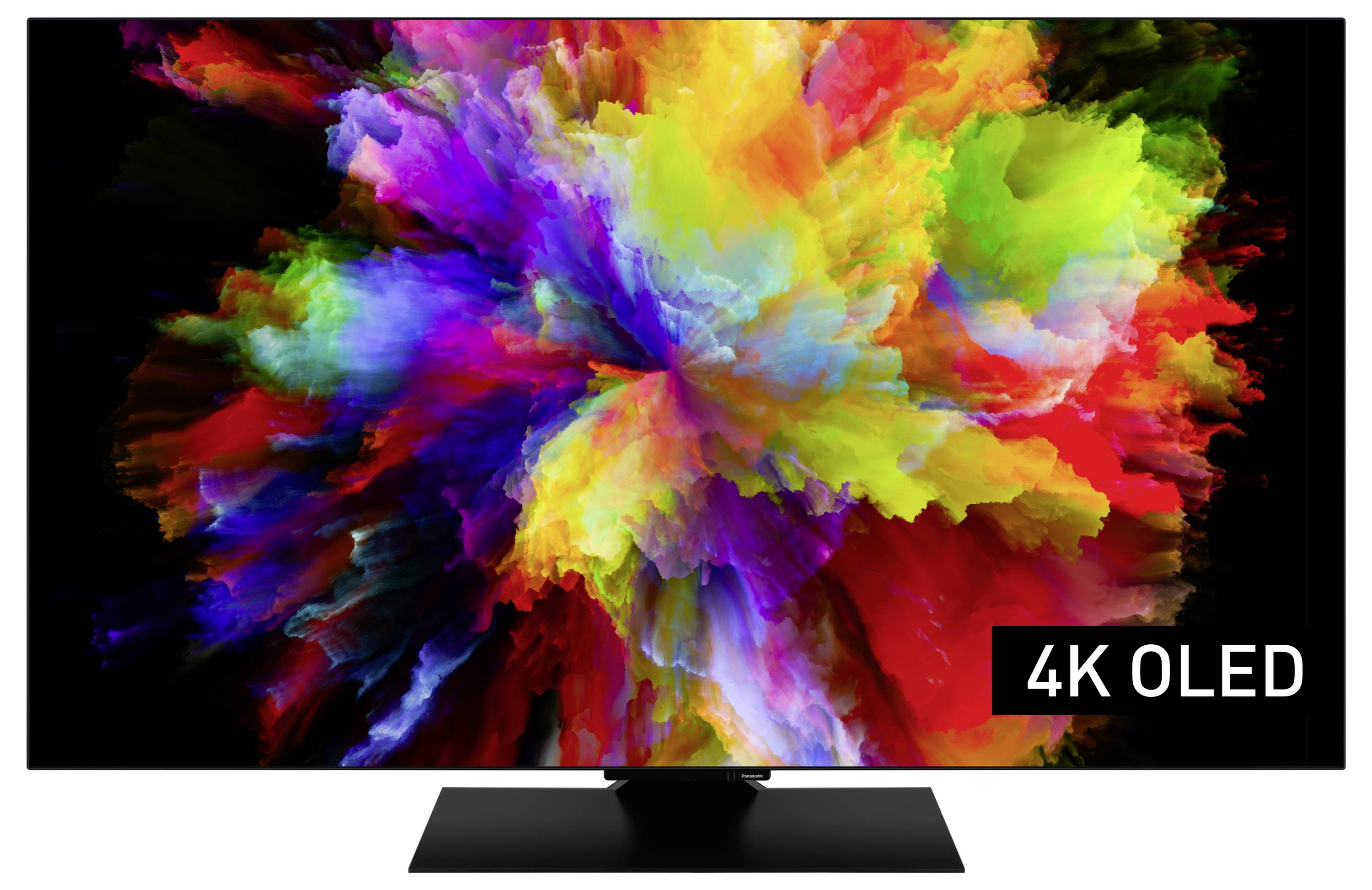 Ein Fernseherbildschirm zeigt ein lebendiges, buntes, abstraktes Muster. Aufschrift '4K OLED' in der rechten unteren Ecke.