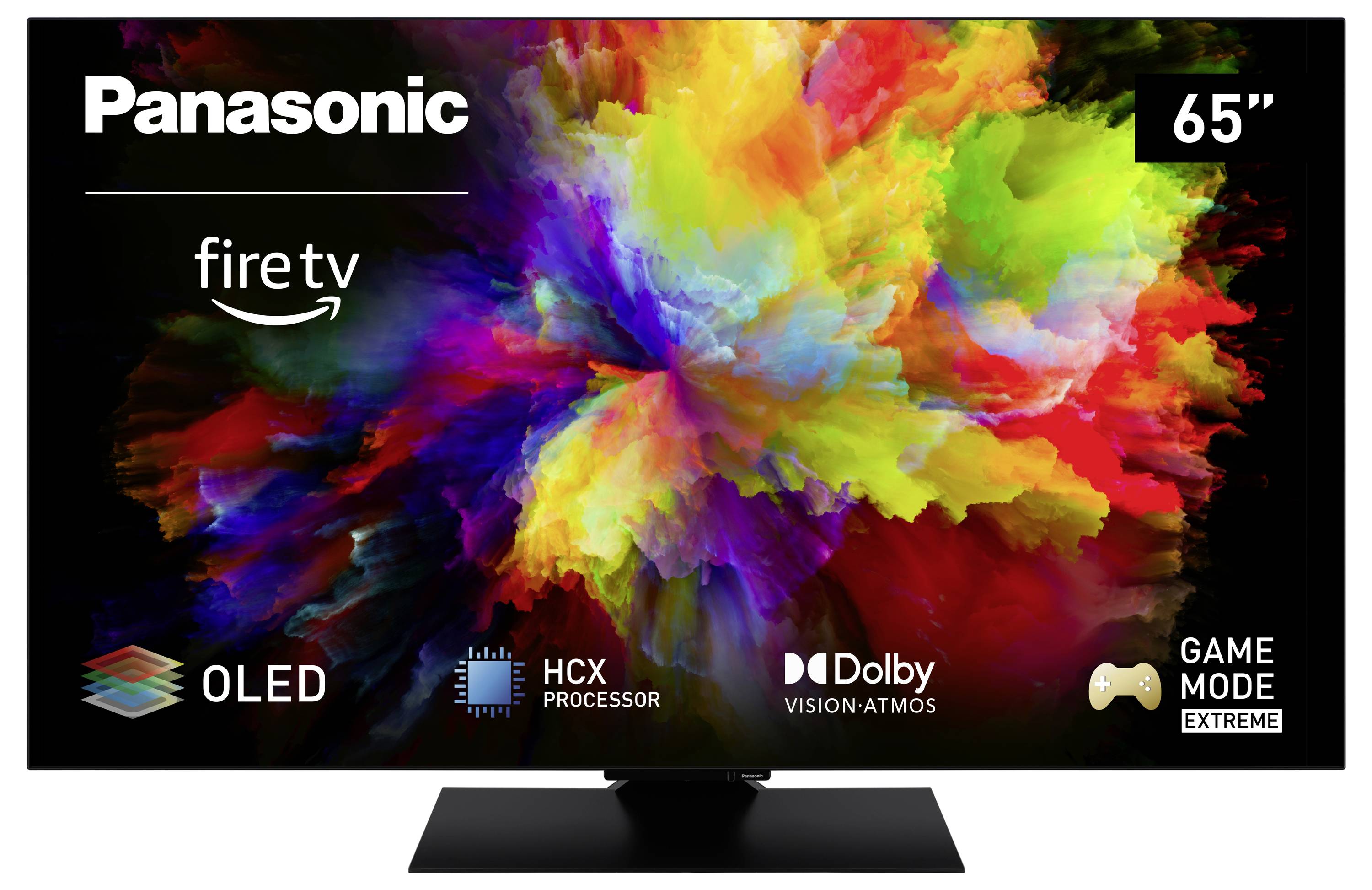 Panasonic 65" OLED TV mit Fire TV. Hervorgehoben sind HCX Prozessor, Dolby Vision Atmos und Game Mode Extreme. Bunte, abstrakte Anzeige.