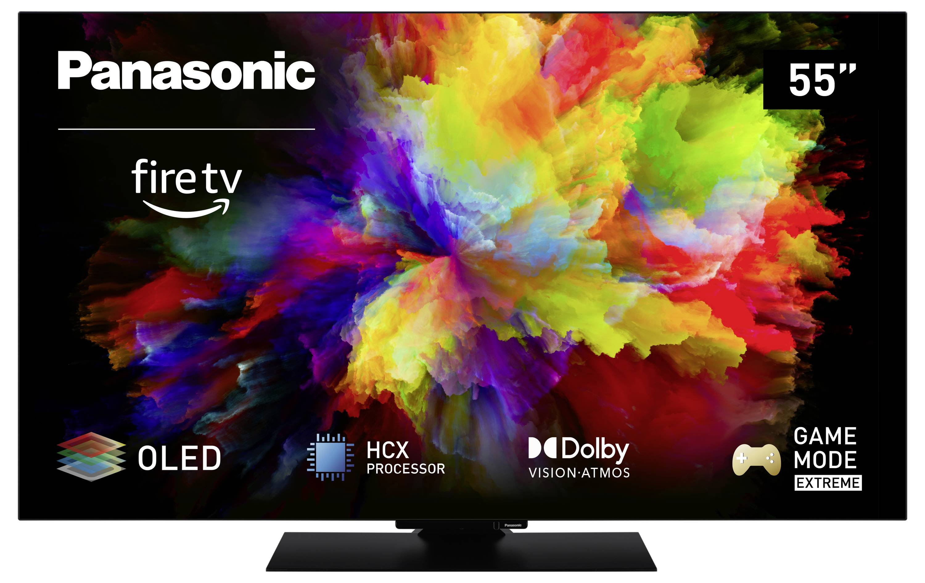 'Panasonic OLED 55 Zoll TV mit Fire TV, HCX-Prozessor, Dolby Vision Atmos und Game Mode Extreme. Bunte Farbenwolke auf dem Bildschirm.'