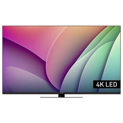 Ein Flachbildfernseher mit 4K LED-Auflösung und einem abstrakten, bunten Bild auf dem Bildschirm.