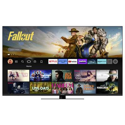 Ein TV-Bildschirm zeigt die Streaming-Oberfläche mit verschiedenen Film- und Serienauswahlen, darunter 'Fallout', 'Ted Lasso' und 'Jack Ryan'.