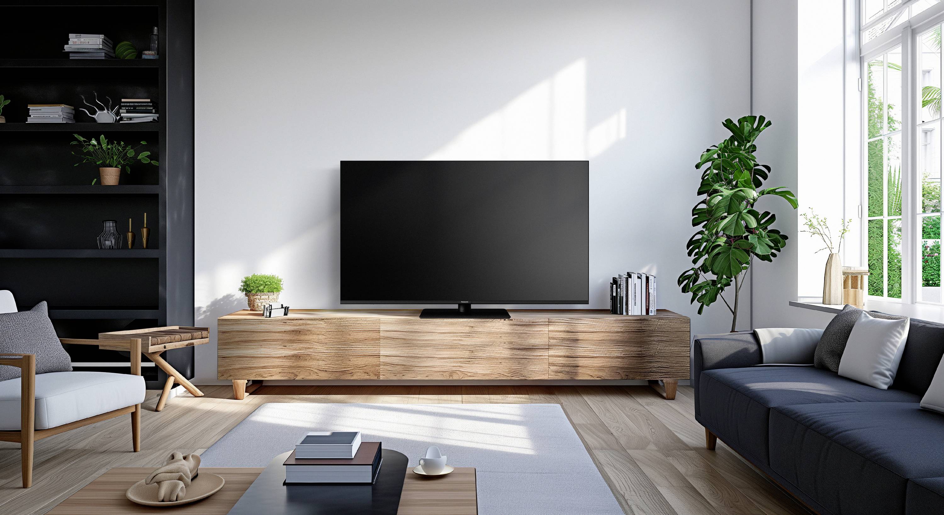 Wohnzimmer mit modernem Design: großer Fernseher auf Holzschrank, graues Sofa, rechteckiger Tisch mit Dekoration, Zimmerpflanze am Fenster.