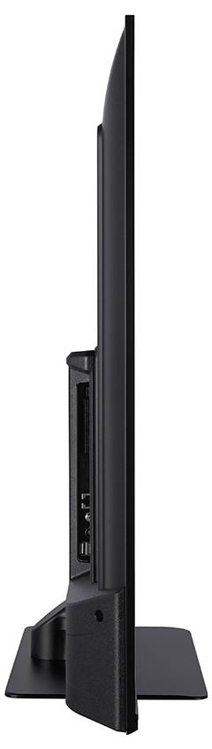 Ein seitlicher Blick auf einen flachen Fernseher auf einem Standfuß, der schlankes Design mit glatter, dunkler Oberfläche zeigt.