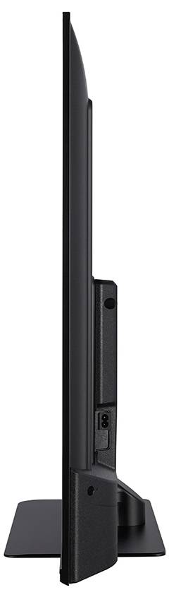 Ein schwarzer LED-Bildschirm im Profil. Dünnes Design, seitliche Ansicht. Deutliche Aufmerksamkeit auf die schlanke Form und Dicke.