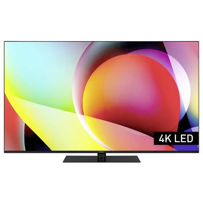 Ein Flachbildfernseher zeigt bunte, abstrakte Formen. Rechts unten befindet sich ein Etikett mit der Aufschrift '4K LED'.