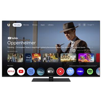 Ein Fernseher zeigt die Startseite einer Streaming-Plattform. 'Oppenheimer' wird als trendendes Video hervorgehoben, darunter Film- und App-Icons.