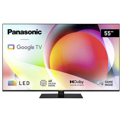 'Panasonic 55" LED Google TV' mit 4K Colour Engine, Dolby Vision Atmos und Game Mode. Bunte Hintergrundgrafik.
