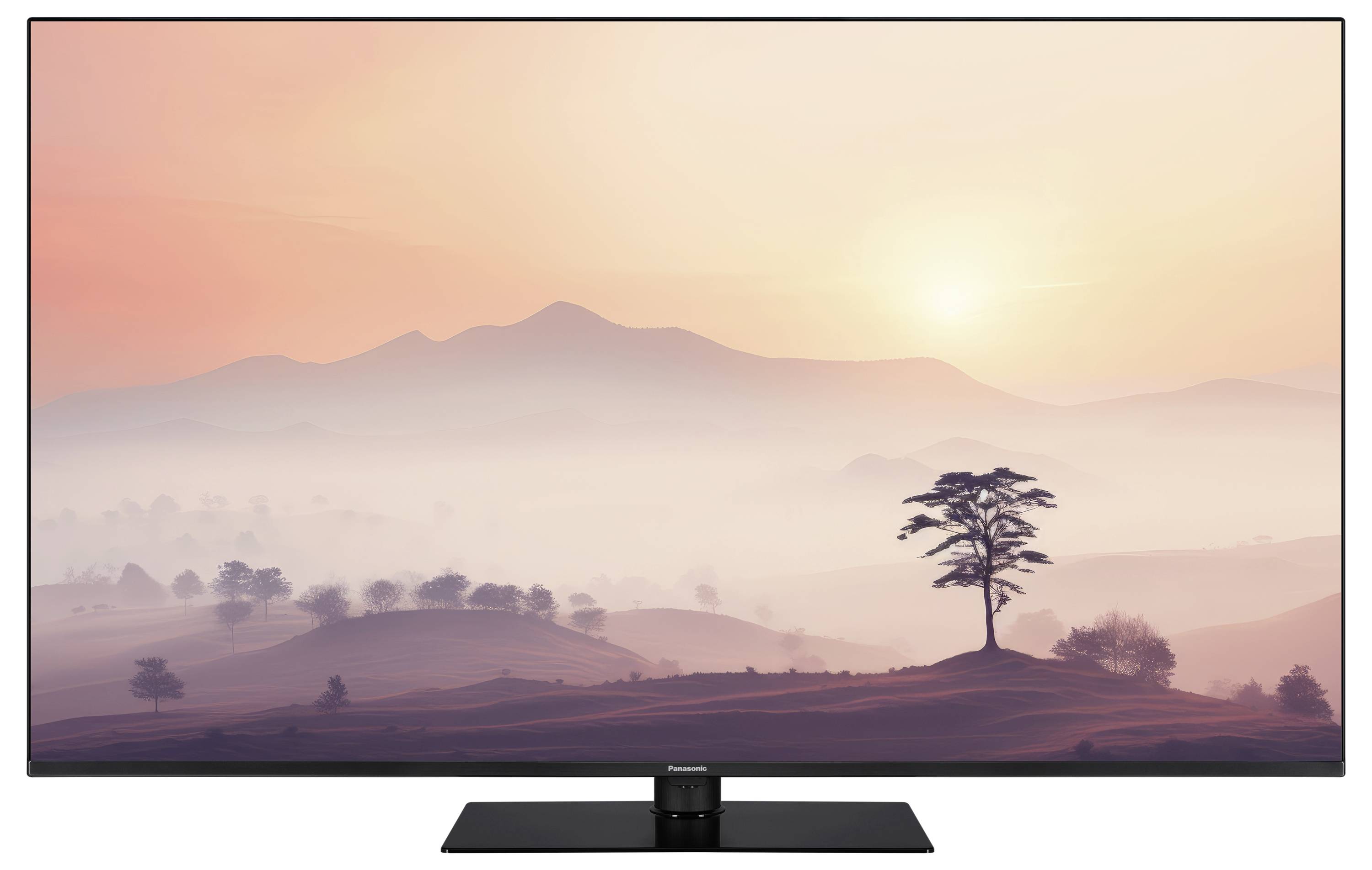 Ein Fernseher zeigt eine Landschaft bei Sonnenuntergang mit Bergen im Hintergrund und einem einzelnen Baum im Vordergrund.