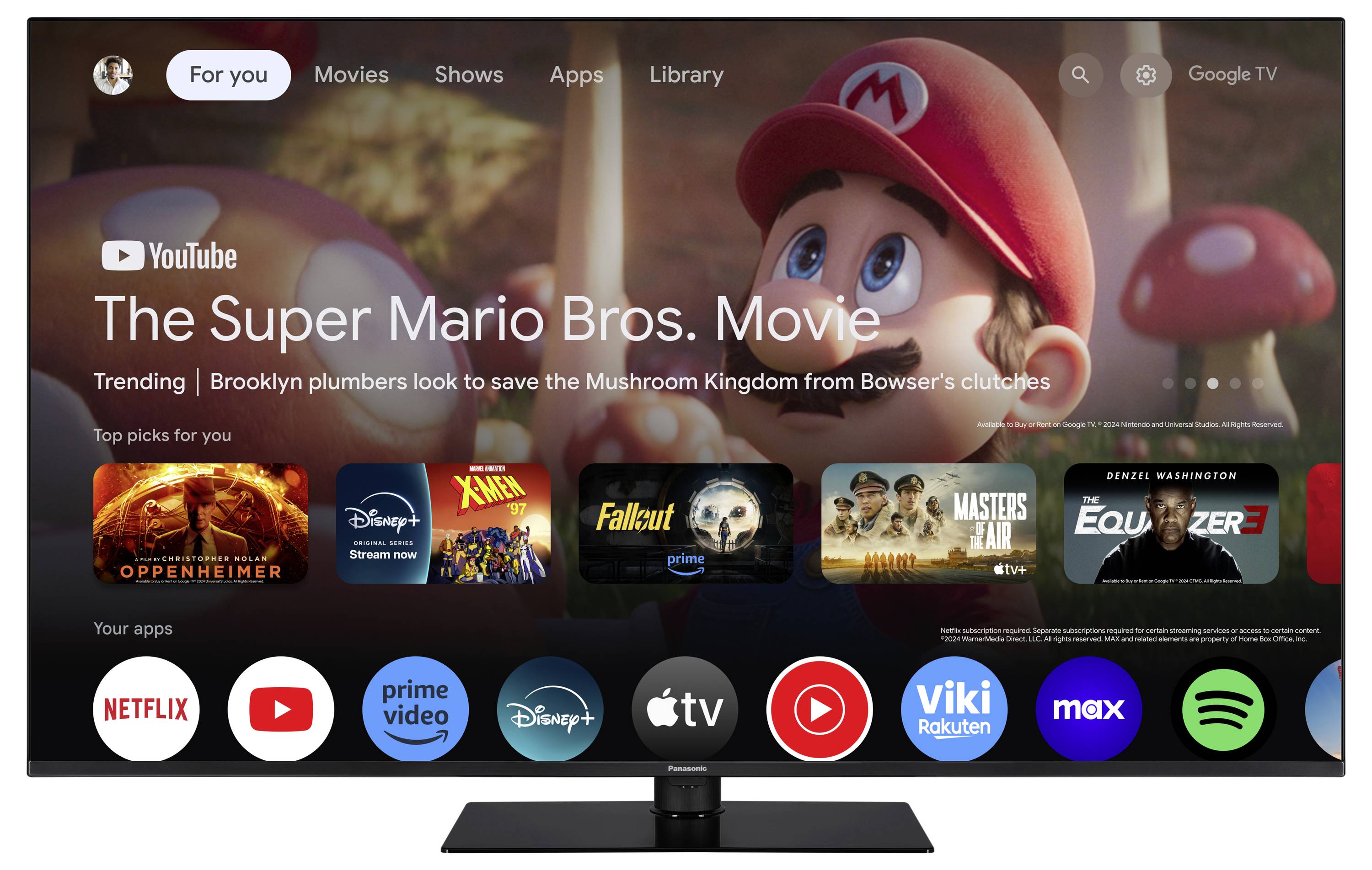 TV-Bildschirm zeigt Streaming-Dienste und Anwendungen. 'The Super Mario Bros. Movie' wird hervorgehoben. Verschiedene Filmoptionen sichtbar.