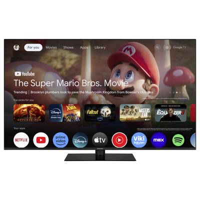 TV-Bildschirm zeigt Streaming-Dienste und Anwendungen. 'The Super Mario Bros. Movie' wird hervorgehoben. Verschiedene Filmoptionen sichtbar.