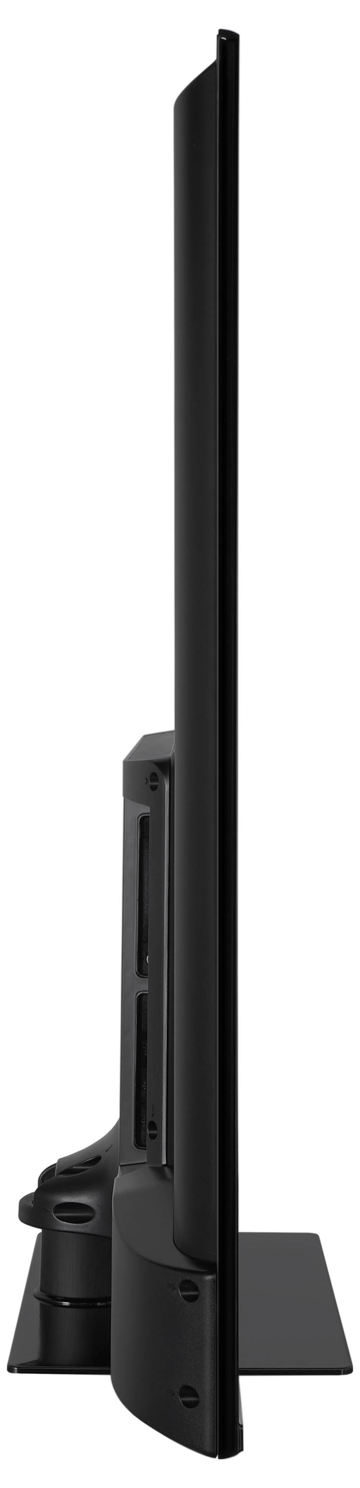 Seitenansicht eines ultradünnen, schwarzen Monitors auf einem Ständer, betont die schlanke Bauweise und moderne Technologie.