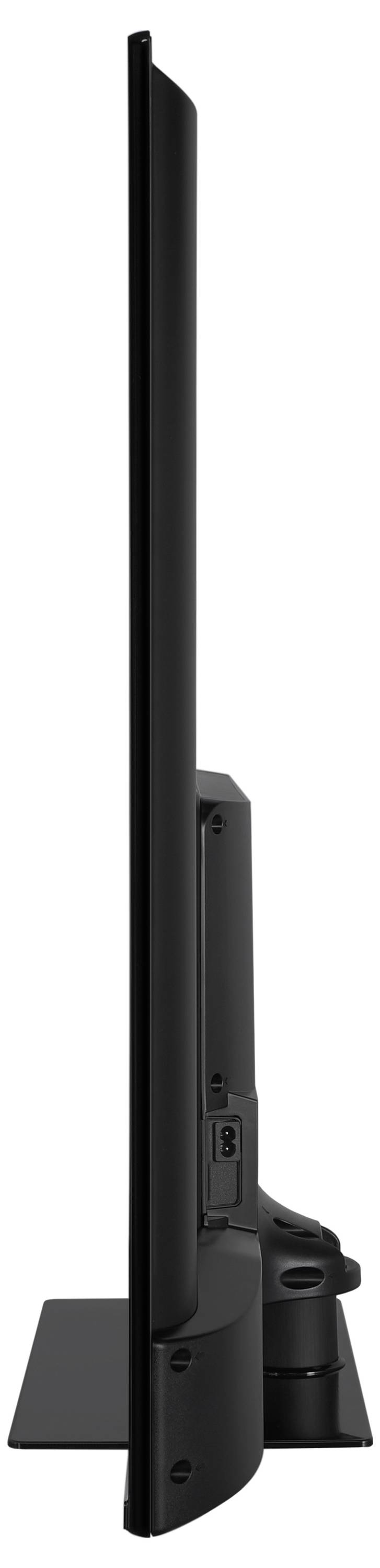 Seitliche Ansicht eines ultradünnen Monitors auf einem Ständer, zeigt das schlanke Profil und das moderne Design des Bildschirms.