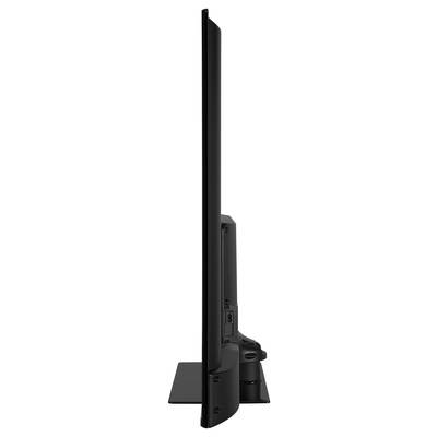 Seitliche Ansicht eines ultradünnen Monitors auf einem Ständer, zeigt das schlanke Profil und das moderne Design des Bildschirms.