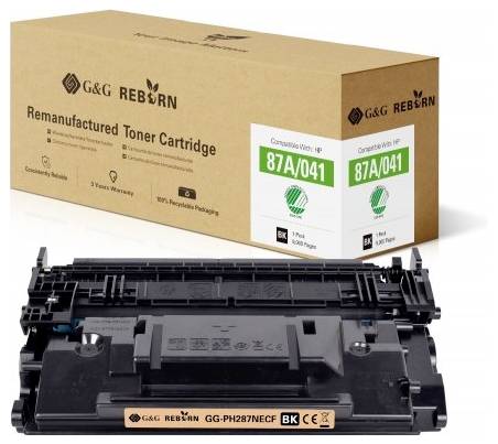 'Tonerpatrone und Verpackung von G&G Reborn, Modell 87A/041, kompatibel mit HP-Druckern, enthält eine Patrone für 9000 Seiten.'